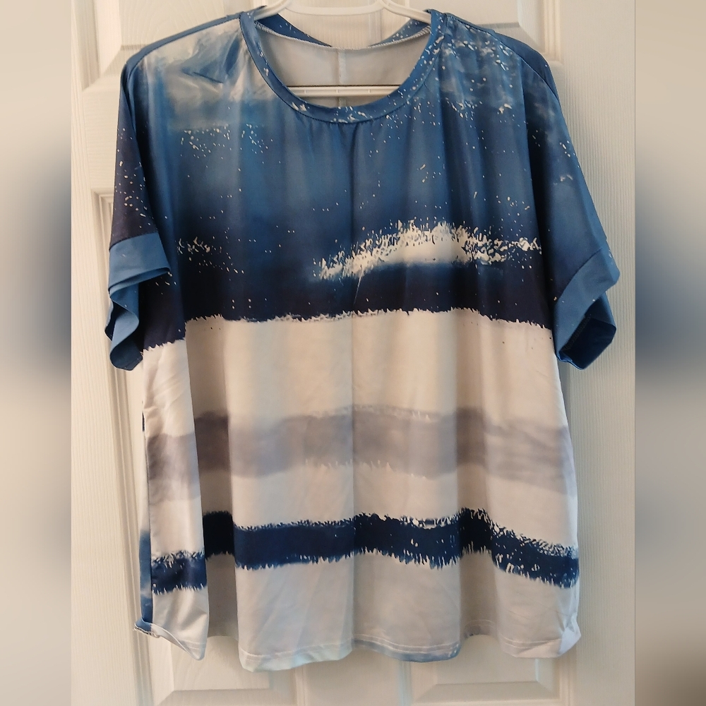 SHEIN Blue Striped Splatter‑Print Tee – Size 2XL (Based on Measurements) – Gentl